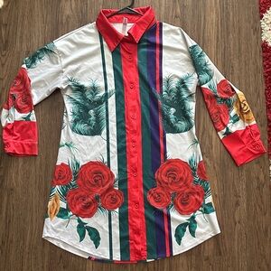Floral Button-Up Shirt with Red and Green Accents